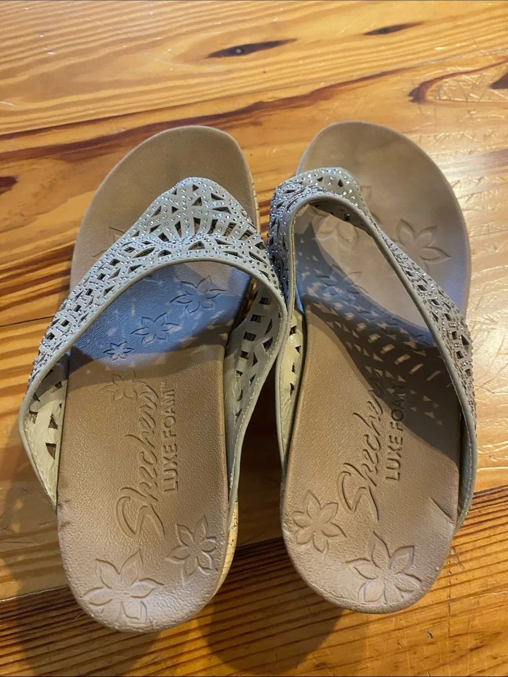 Skechers Taupe Laser-Cut Thong Sandals with Cushioned Footbed